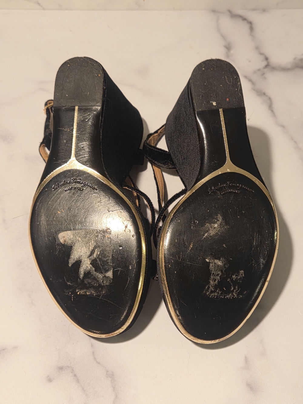 Salvatore Ferragamo Black Velvet Strappy Wedge Sandals - Picture 11 of 12